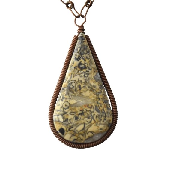 Handmade Teardrop Yellow Jasper Pendant Necklace With Antique Bronze Chain Jewel - Picture 4 of 9